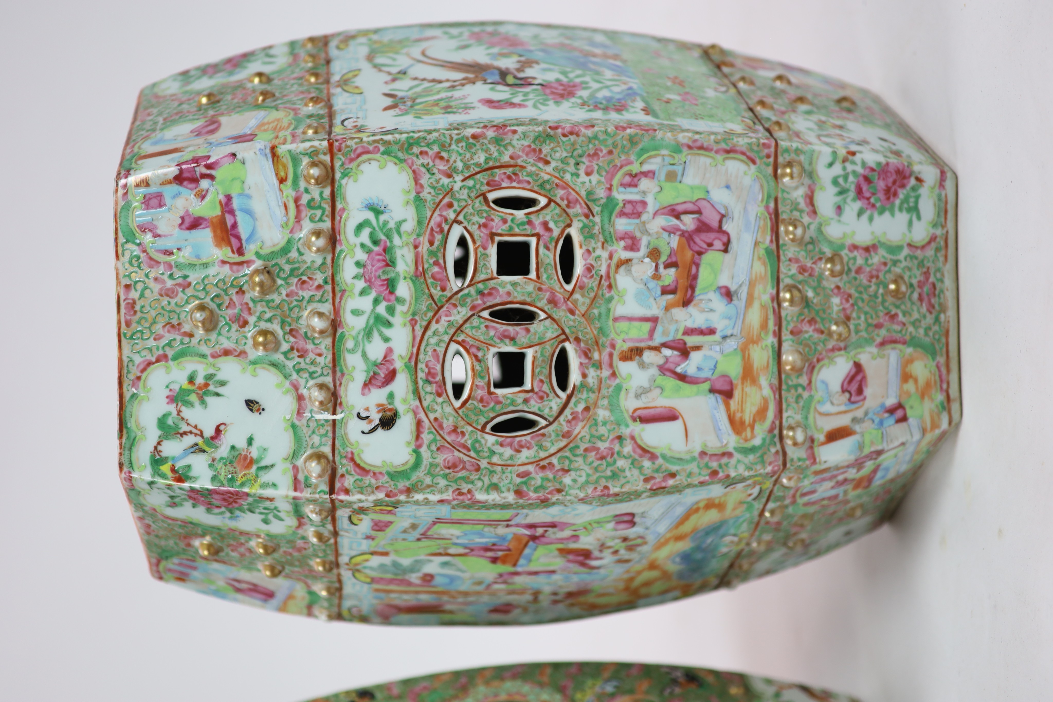 Two similar Chinese famille rose hexagonal garden seats, c.1830-50, 47 cm high